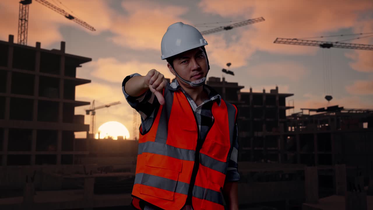 Asian Male Engineer With Safety Helmet Showing Thumbs Down Gesture And Shaking His Head While Standing At Building & Construction Site in Progress to New House