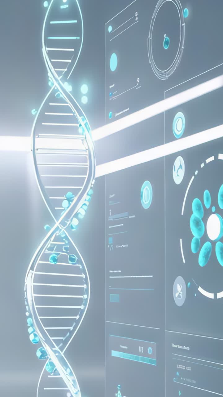 Vertical video: At start DNA double-helix rotating in lab display with interface panels, copy space