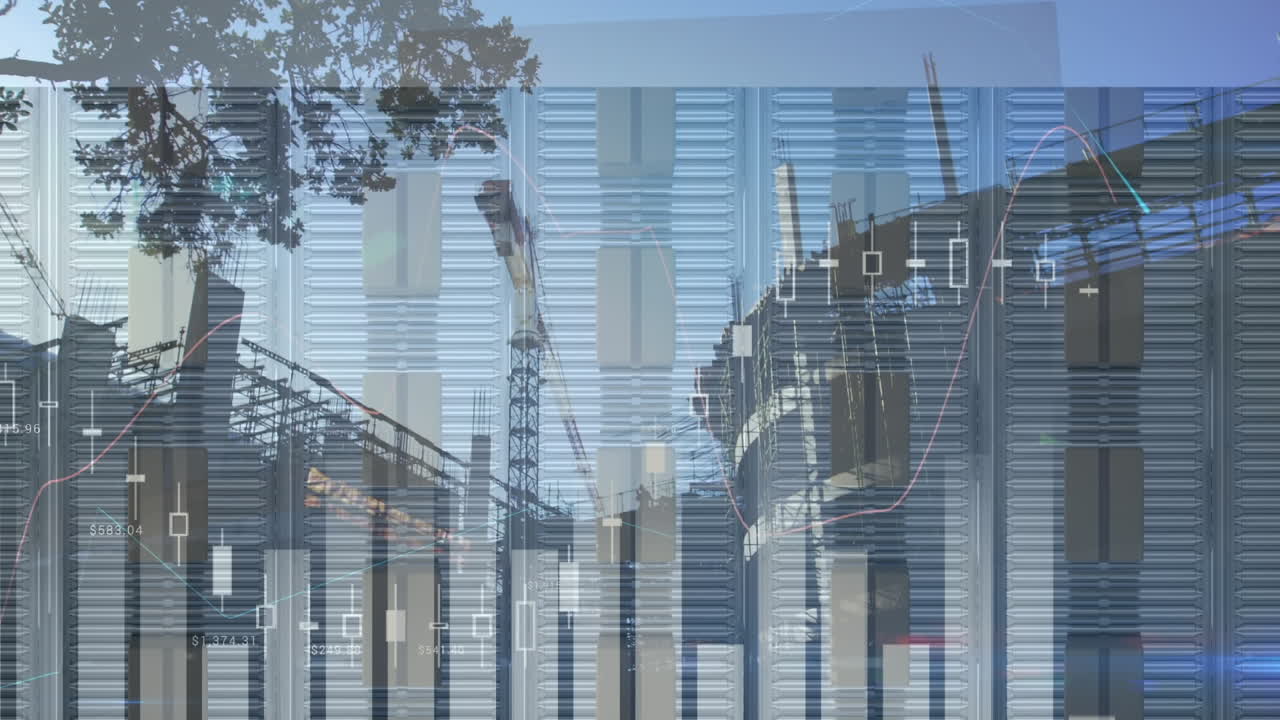 animación del procesamiento de estadísticas sobre cajas de cartón en cintas transportadoras y en el sitio de construcción