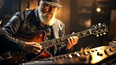 musician playing guitar in a cozy studio setting during evening hours