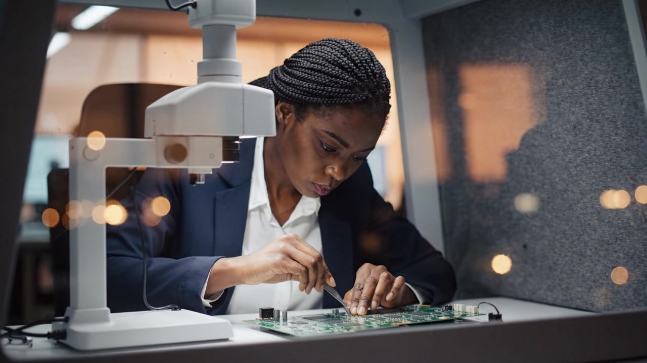 Focused engineer meticulously repairs a circuit board under magnification in a modern workspace, showcasing precision and technical expertise in electronics.