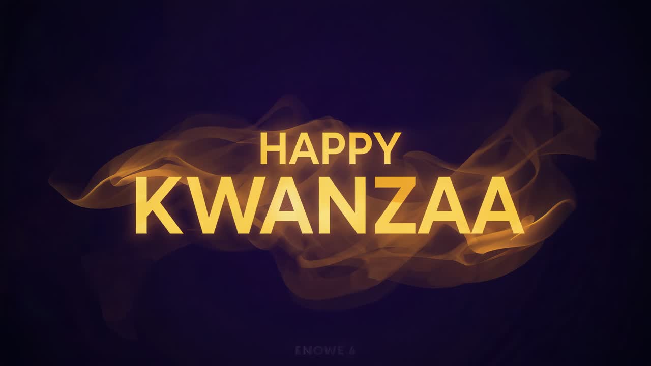 Opening card showing HAPPY KWANZAA pulsing with golden smoke on navy background for Kwanzaa ENOWE