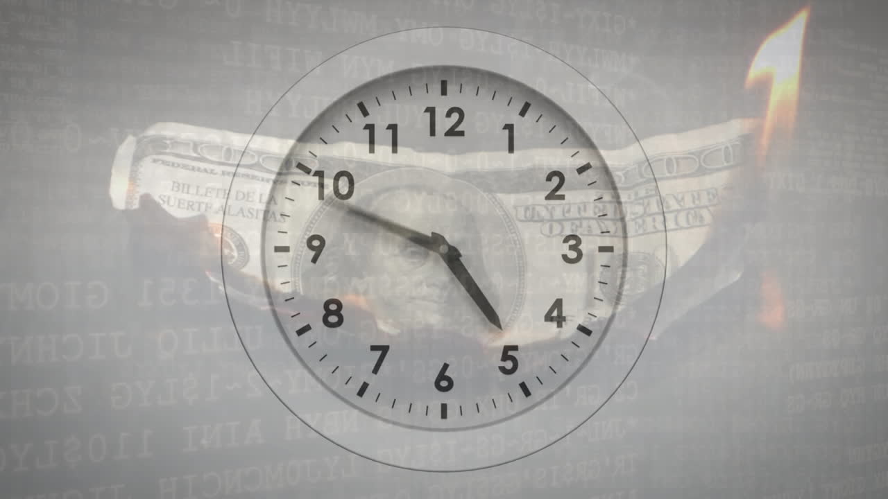 Animation of clock ticking over burning american dollar currency banknote