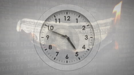 animación del tic-tac del reloj sobre el billete de dólar estadounidense en llamas