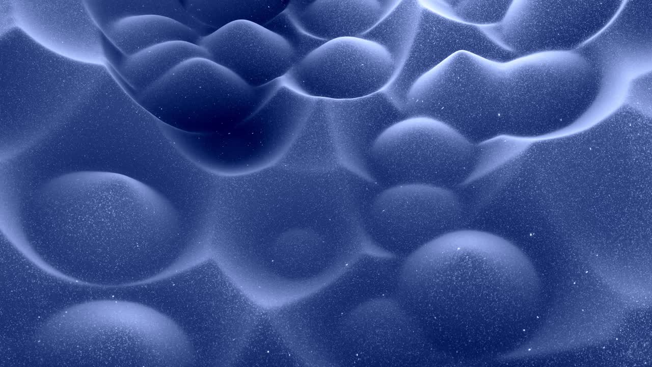 Stylish festive black bg. Fantastical abstract looped background, waves move on glossy surface like landscape made of liquid blue wax with sparkles. Beautiful soft background with smooth animation 4k