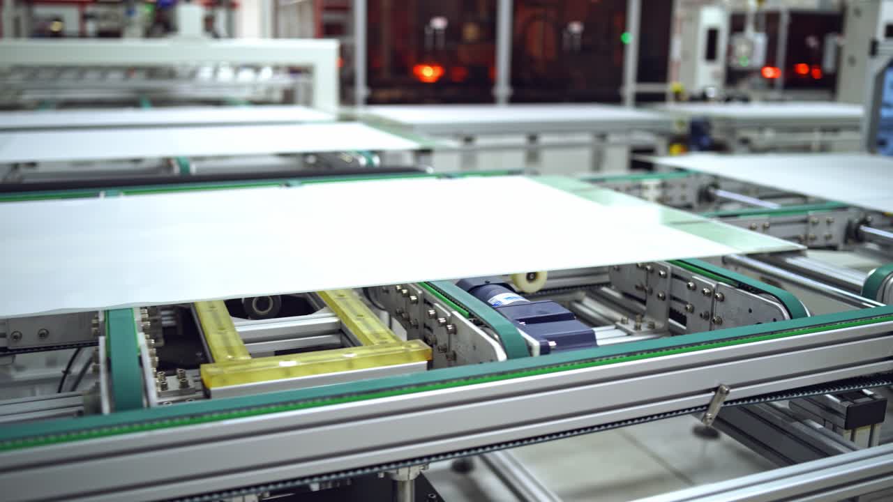 Working factory mechanism of making solar panels. Automated equipment for doing solar energy production. Innovation technology concept.