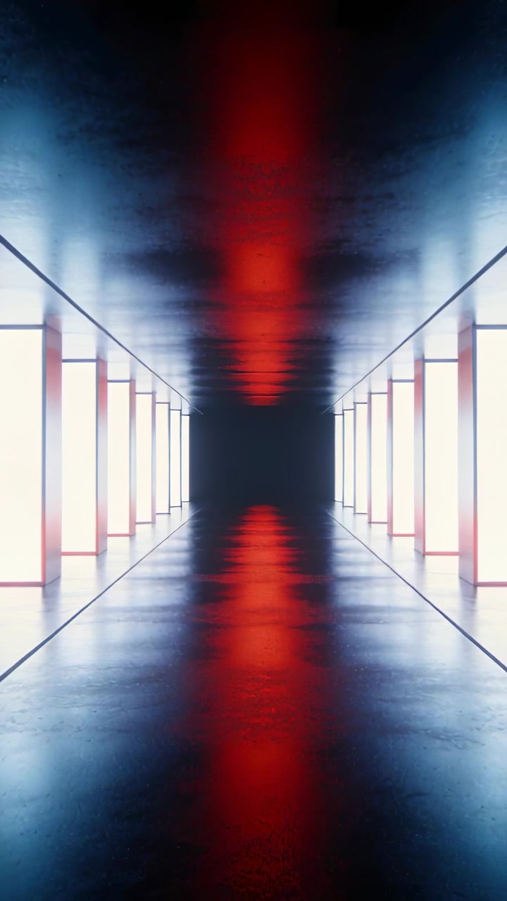 Video verticale: Tunnel di avvio del sistema, colonna rossa pulsante con pannelli laterali, pavimento lucido che si estende in profondità.