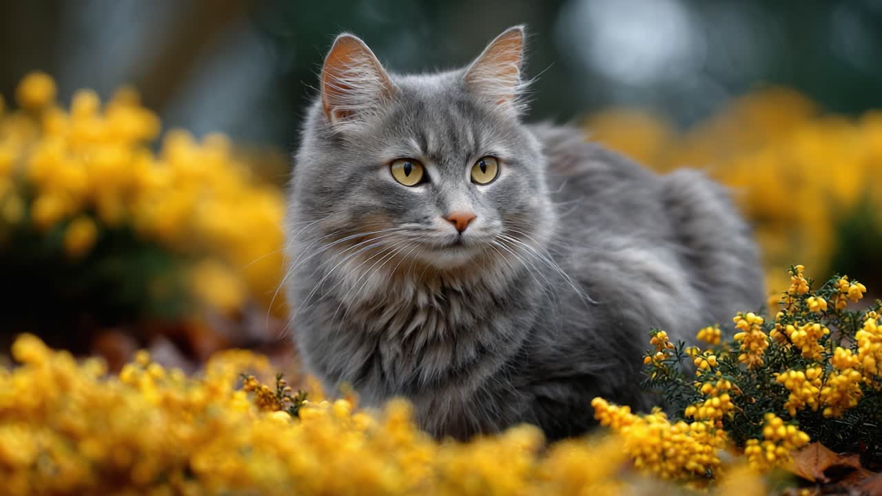 A Majestic Grey Cat Surrounded by Vibrant Yellow Flowers in a Serene Natural Setting, Capturing a Moment of Feline Grace and Beauty
