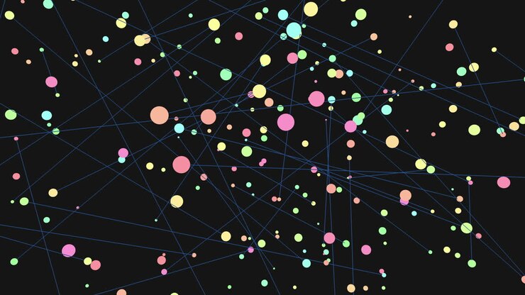 Rete complessa di cerchi e linee interconnessi.