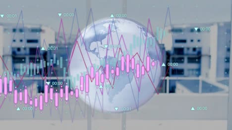 Animation-of-statistics-and-financial-data-processing-over-globe-and-city