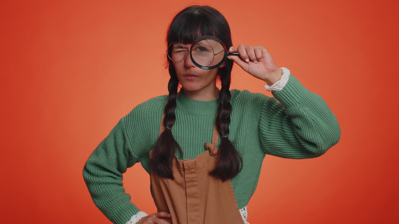 investigadora investigadora mujer con lupa cerca de la cara, mirando a la cámara con un gran ojo de zoom