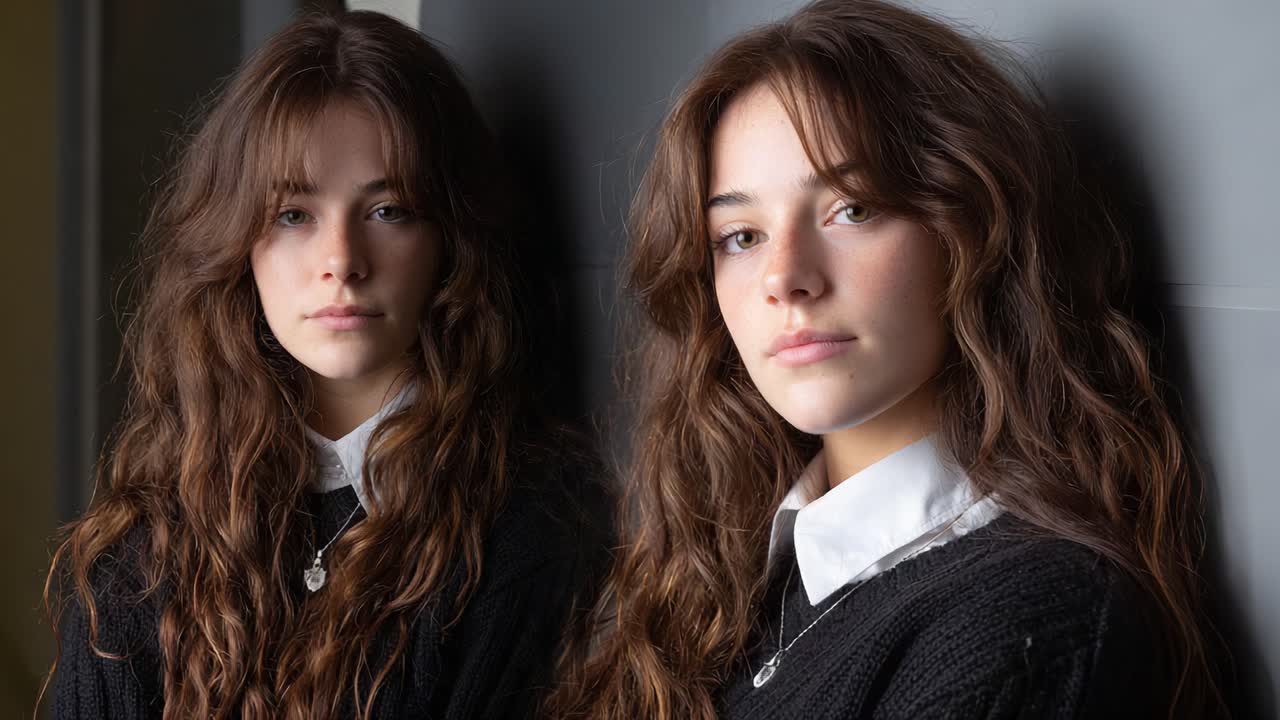 Two Expressions of Youthful Elegance: A Study in Contrast Between Two Similar Faces Captured in Soft Lighting and Warm Tones