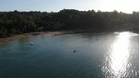 costa rica beach drone view showing sea, shore and forest on a sunny day over the pacific ocean in the caribbean