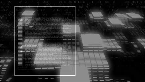 animation of digital data and binary code overlaying geometric shapes in monochrome