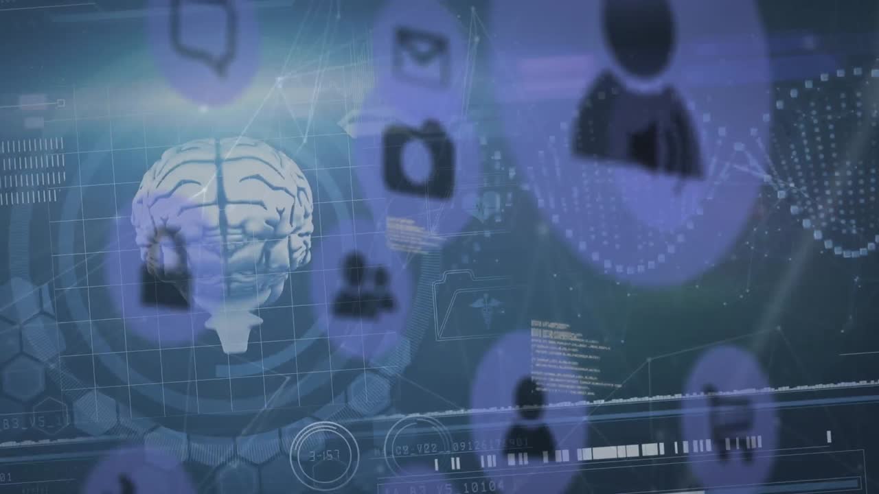 animación de procesamiento de datos e iconos de medios sobre el cerebro y las formas