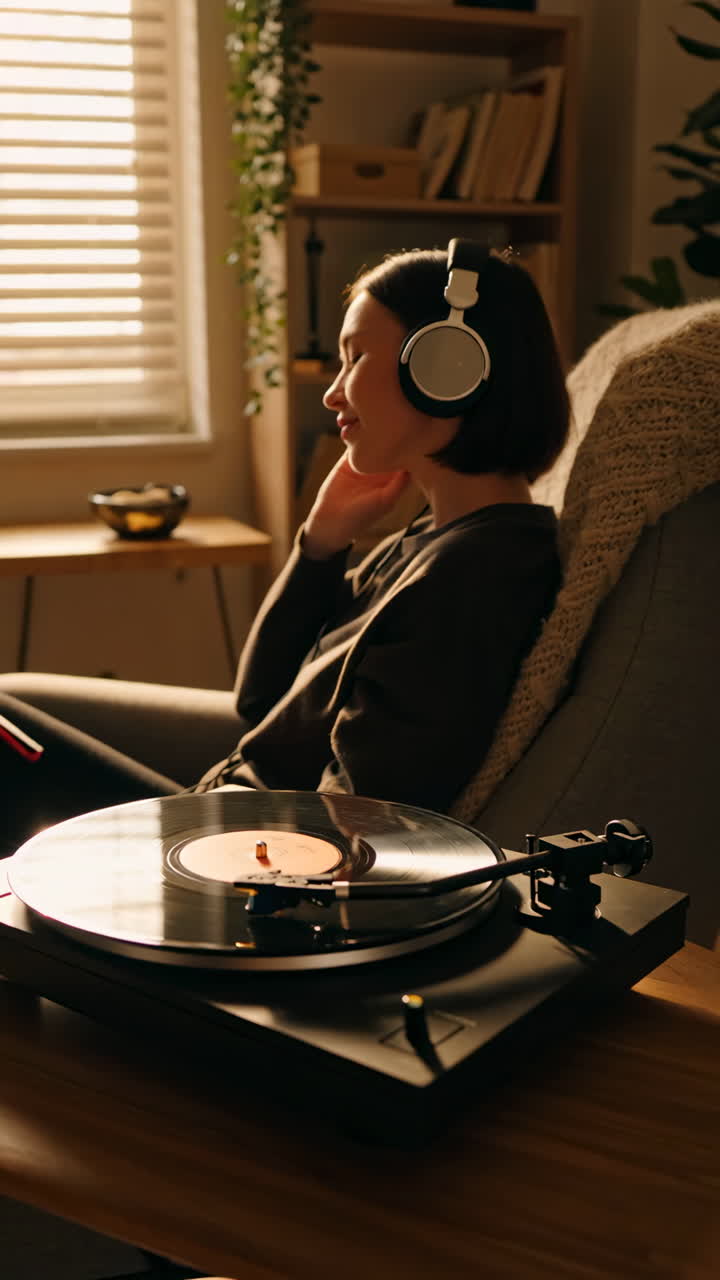 A woman enjoys listening to music on a record player with headphones at home