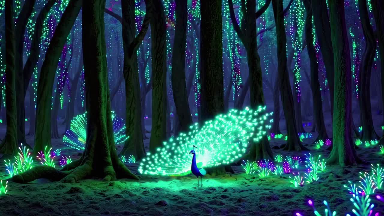 En fascinerande video av en glödande påfågel i en förtrollad skog