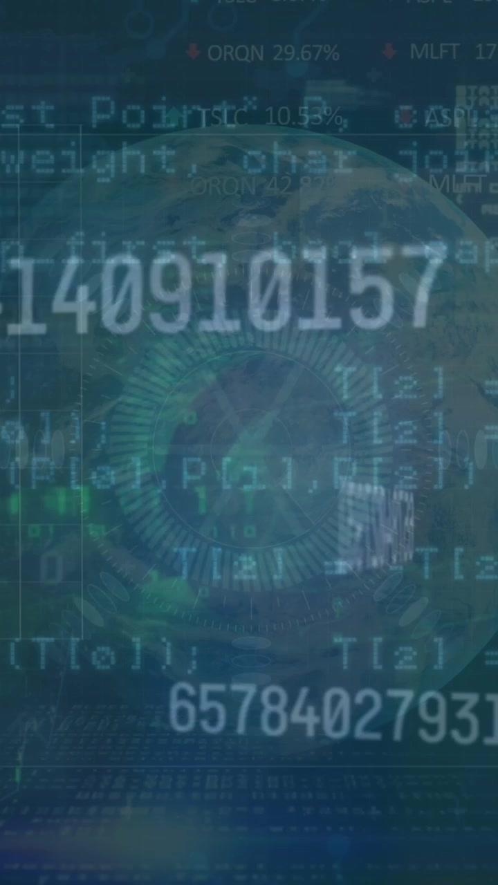 Animazione di dati, globo, numeri e grafici su sfondo blu scuro