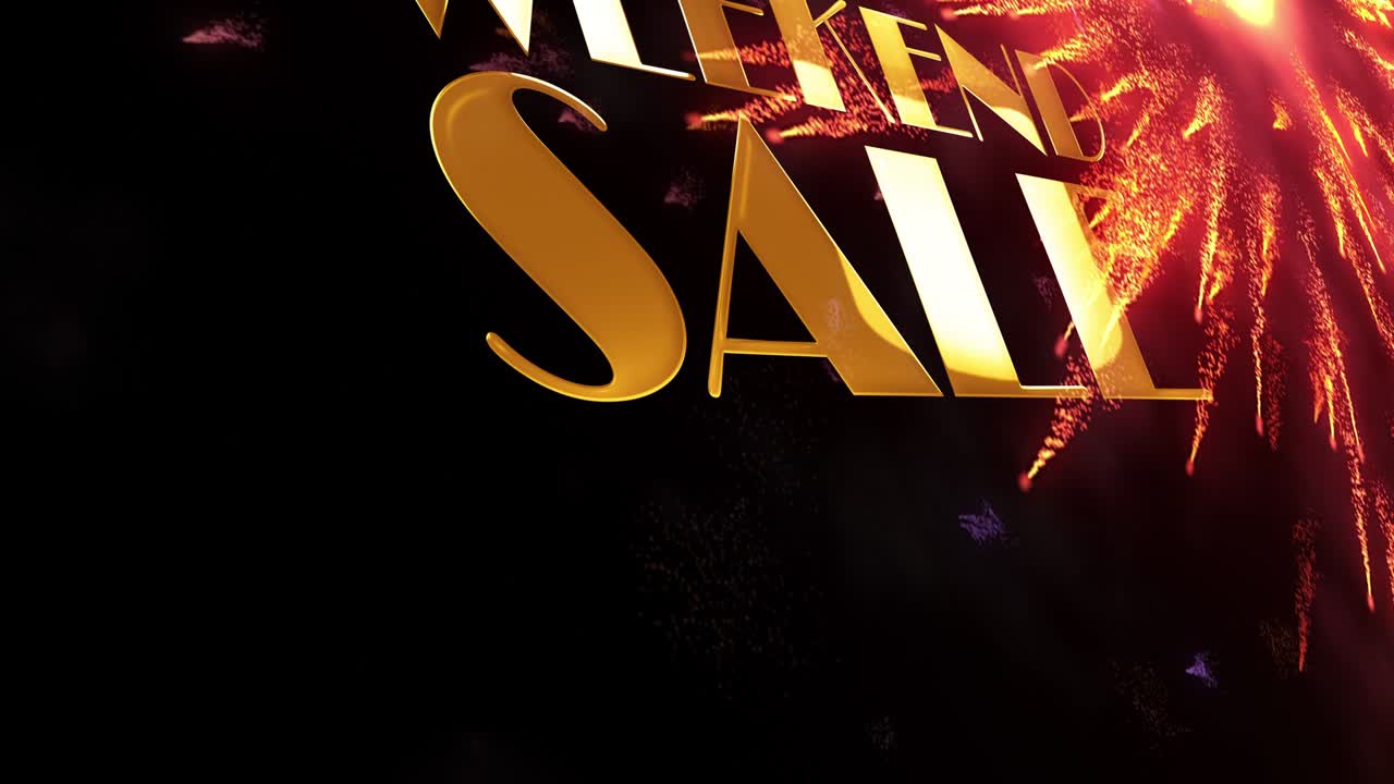 WEEKEND SALE gold text with fireworks particles motion graphic effect on black background. 4K 3D seamless loop calligraphy gold text word and colorful spark fireworks for advertising, sale promotion