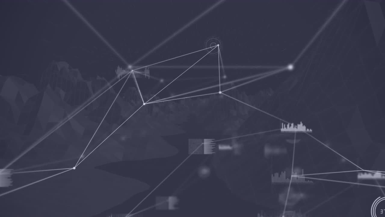 animación de redes de conexiones con procesamiento de datos sobre montañas giratorias