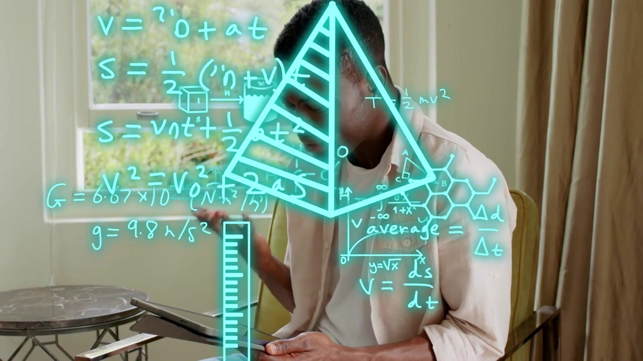Man tapping tablet with stylus generating STEM holograms expanding over hands, studying formulas