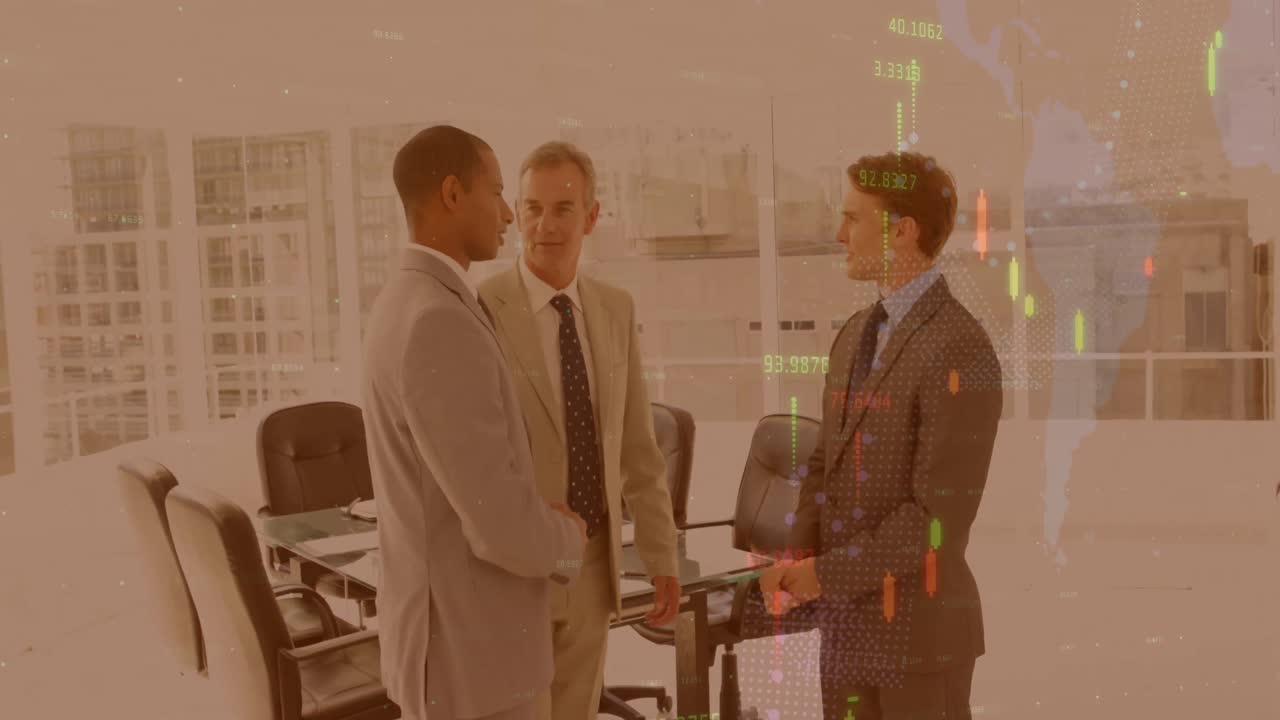 Video of financial data processing over diverse business people