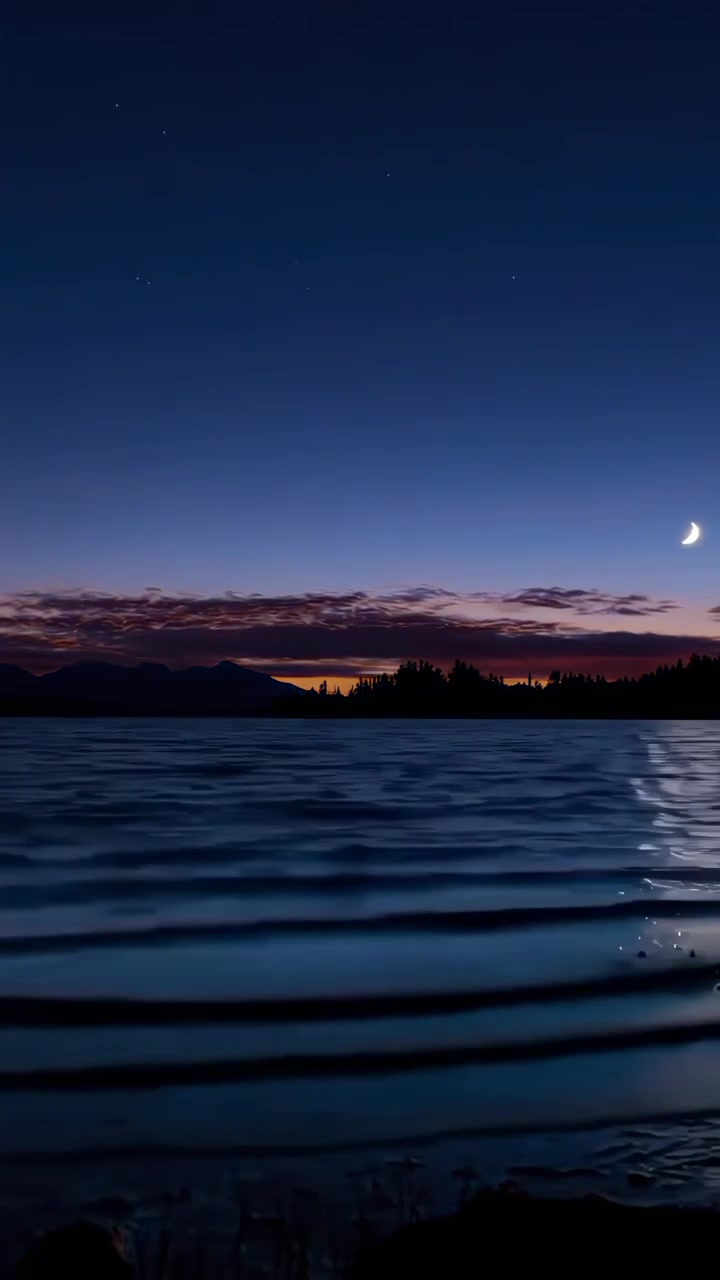 Time-lapse di un tramonto su un lago con luna crescente