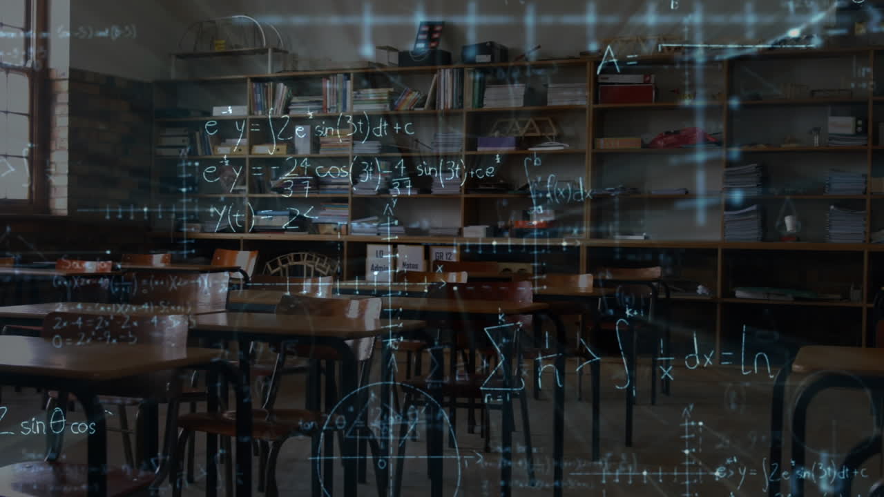 빈 교실 위에 움직이는 수학 방정식의 애니메이션
