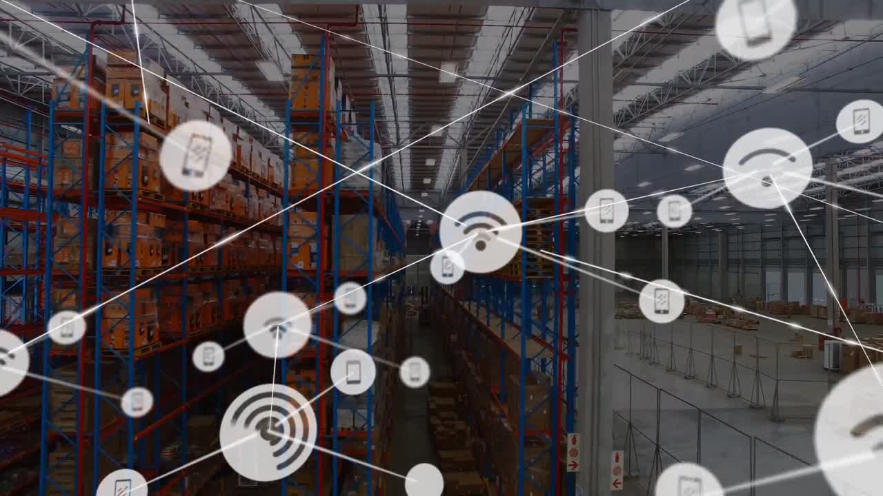 animación de la red de iconos wifi conectados sobre estanterías en el almacén