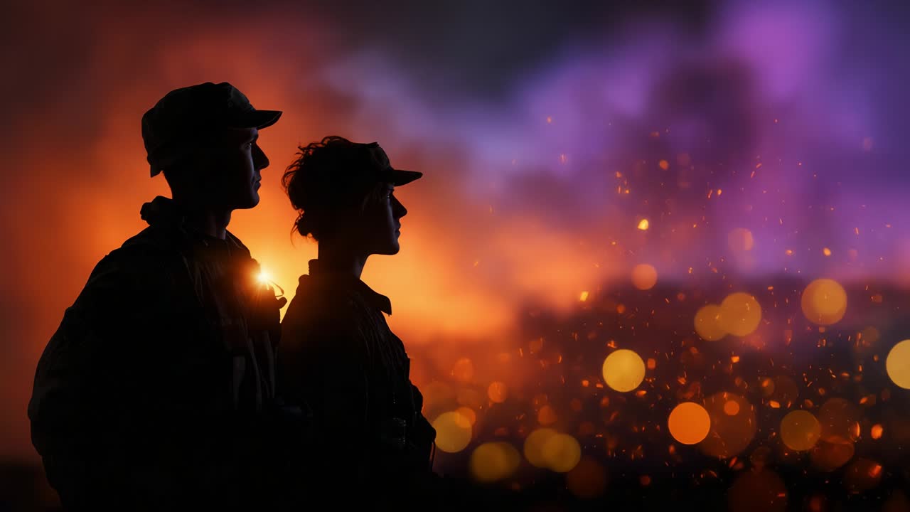 Silhouettes of Courage: Two Soldiers Stand Resolute Amidst the Fiery Chaos of Battle, Emanating Strength and Determination Against a Backdrop of Vibrant Explosions and Intense Flames in the Night Sky