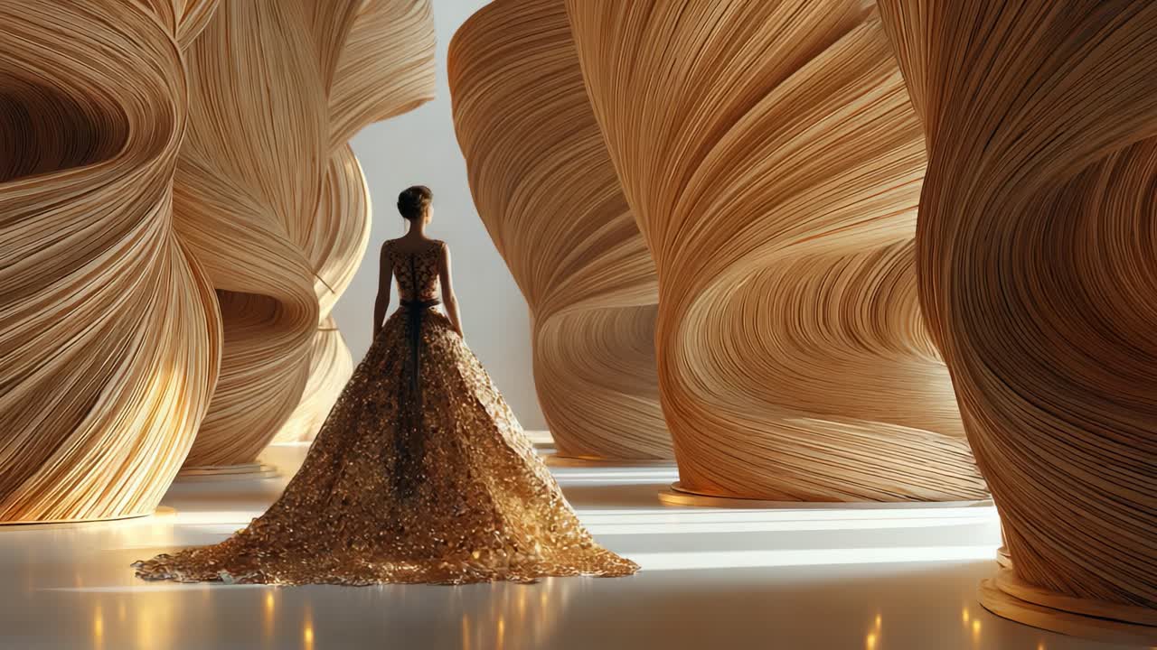 Elegant Woman in Golden Gown Against Artistic Backdrop