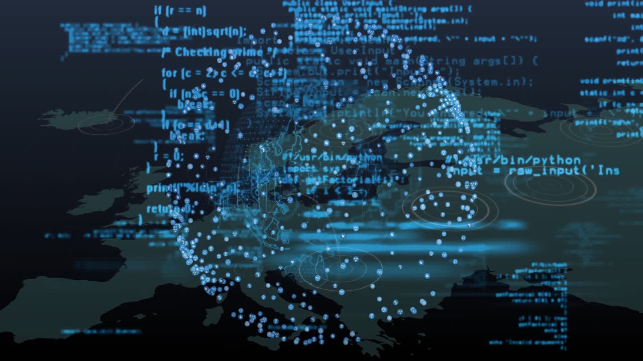 Animation of digital network connections and programming code overlaying Europe map