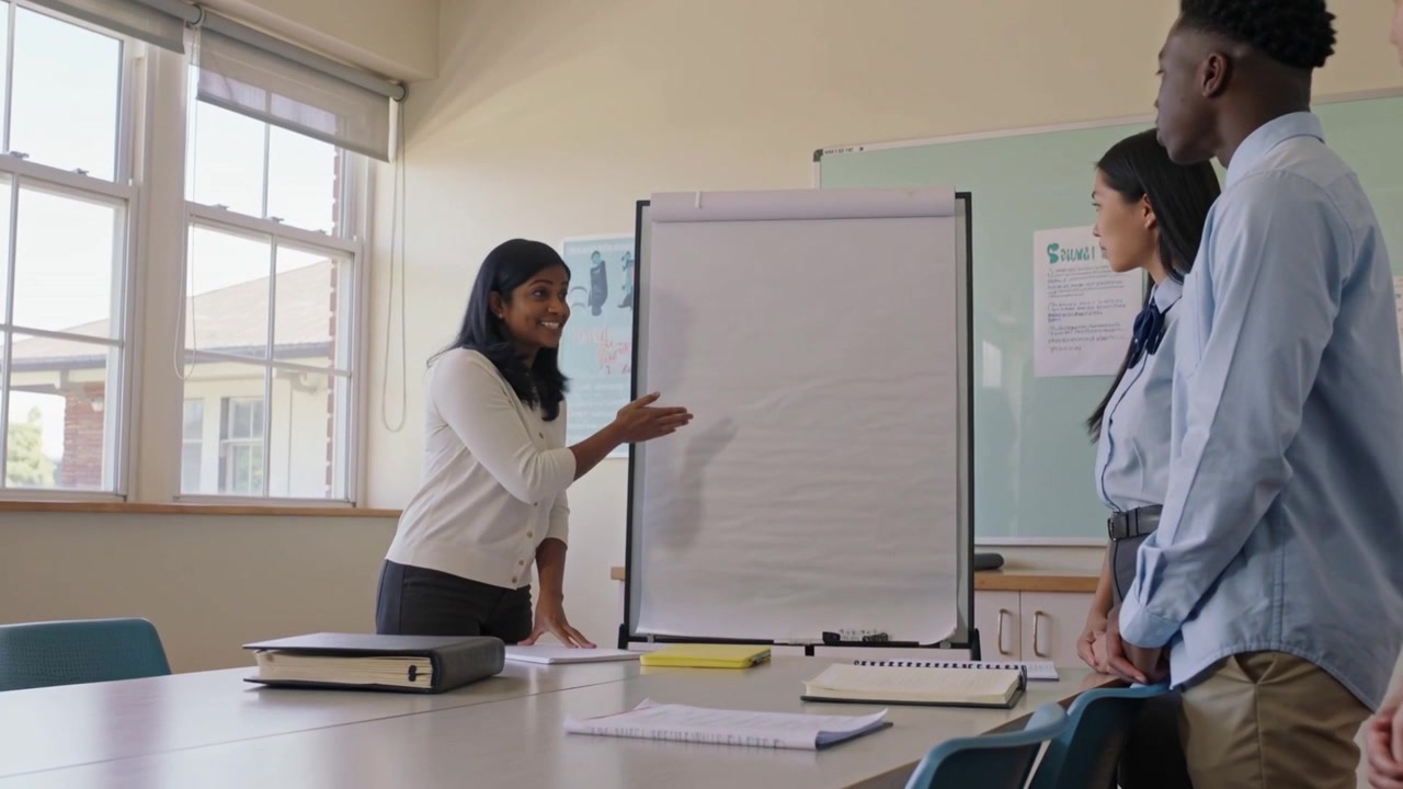 Starting lesson teacher leaning, explaining points to students in uniform at school with flipchart