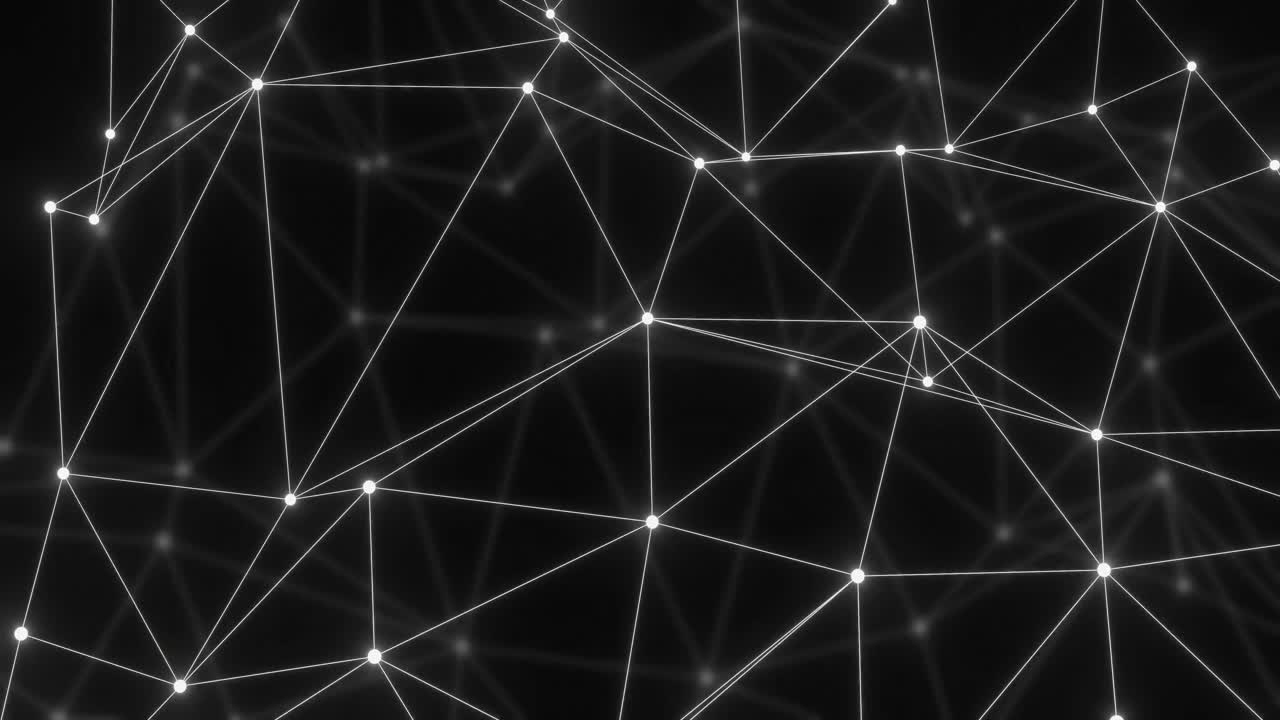 Animation of bright white network moving over distant faded network on black background