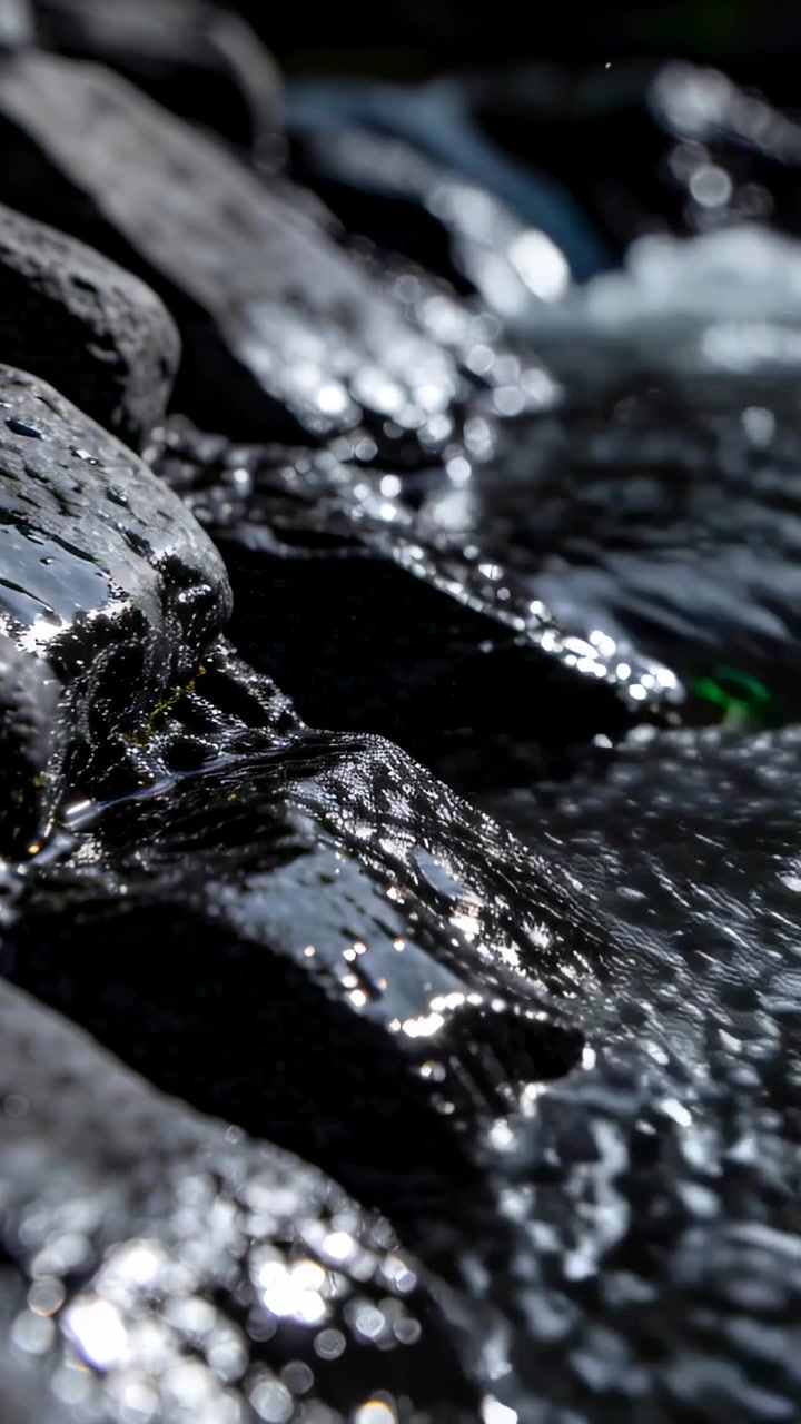 Video verticale: Acqua che scorre a rivoli su pietre di fiume bagnate al bordo del ruscello, mostrando una texture lucida.
