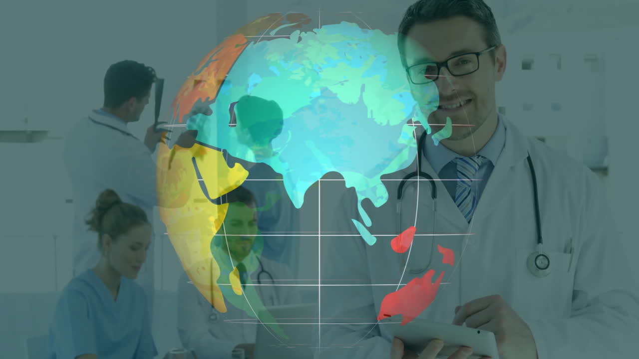 Working in hospital, doctors over animation of colorful world map continents