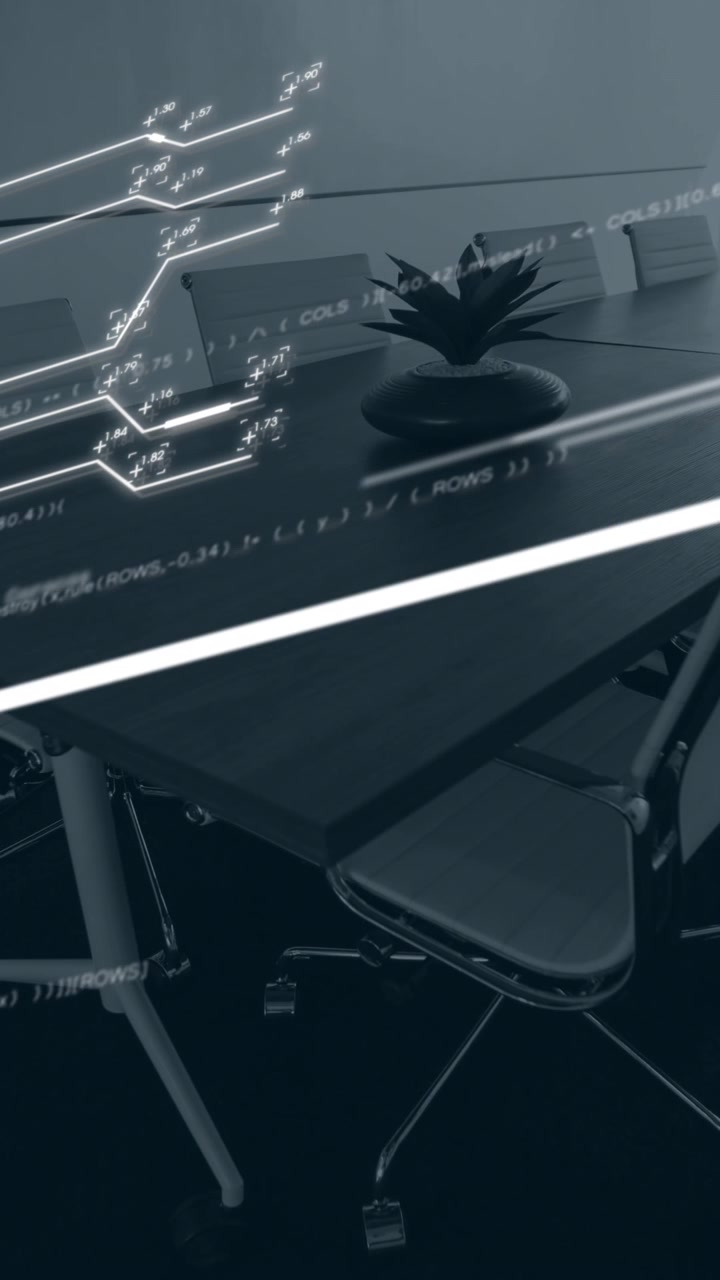 Animation of interface with data processing against empty meeting room at office