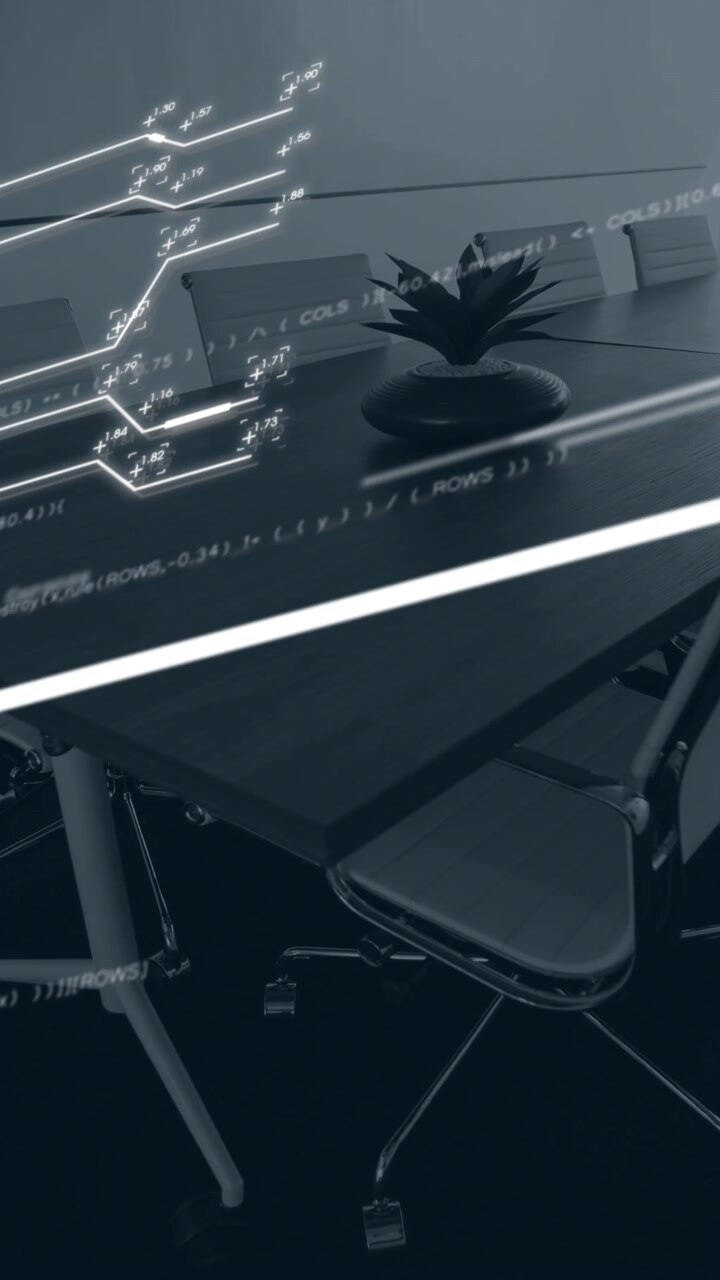 Animation of interface with data processing against empty meeting room at office