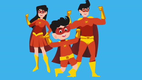 animación de la ilustración de padres y hijo superhéroes felices sobre un fondo azul