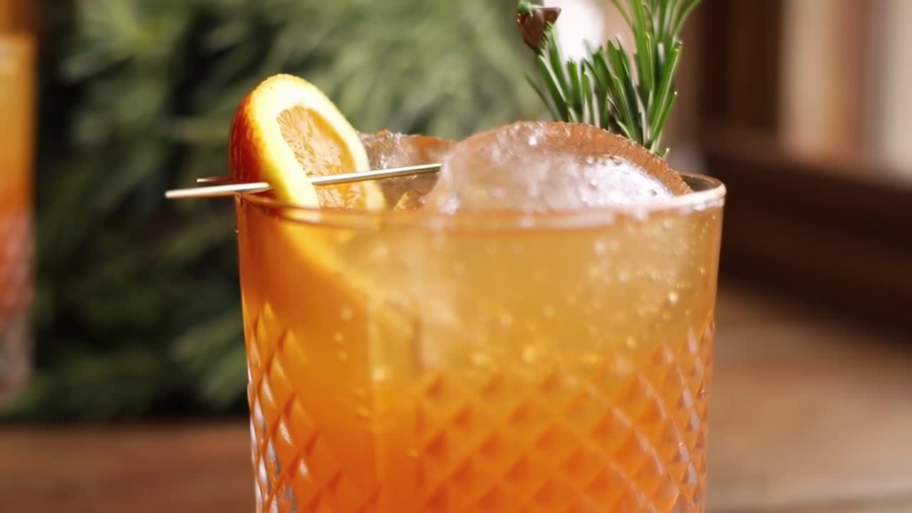 Video ravvicinato di un rinfrescante cocktail all'arancia in un bicchiere con texture, angolato lateralmente