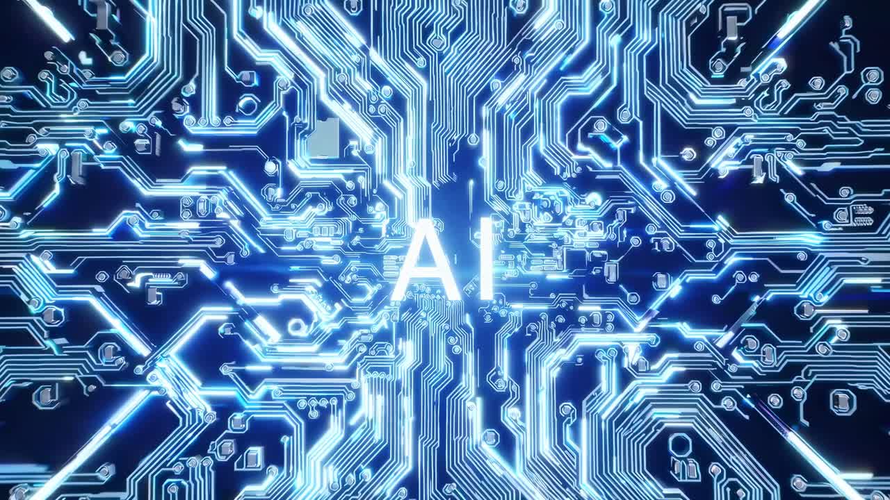 Futuristic video concept of AI with a top-down view of glowing circuit board patterns