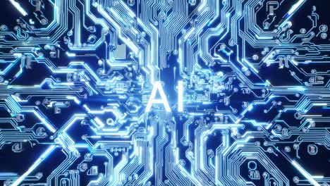 futuristic video concept of ai with a top-down view of glowing circuit board patterns