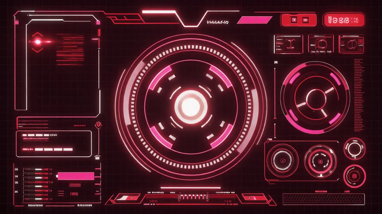 Animated Sci-Fi HUD with Glowing Red and Pink Digital Elements
