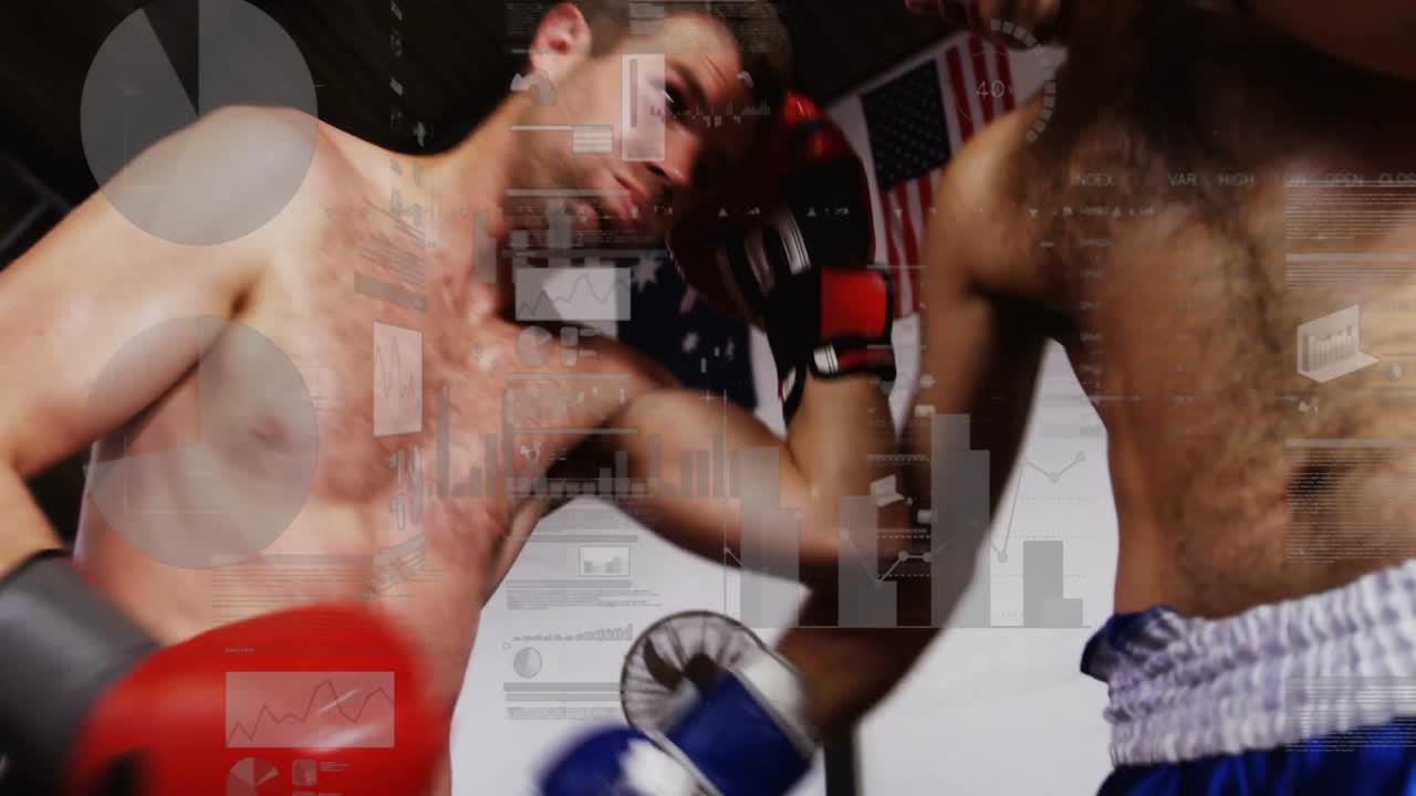 Men sparring in boxing gym with animated data charts floating, showcasing health analytics concept