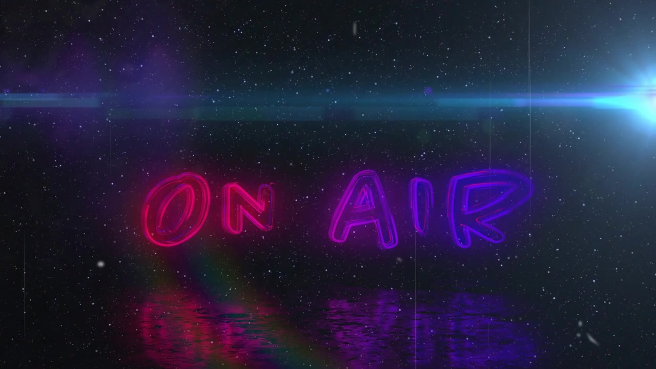 Efter en kort pause flimrer neon "ON AIR"-bogstaver frem og dæmpes derefter for at signalere en liveudsendelse.