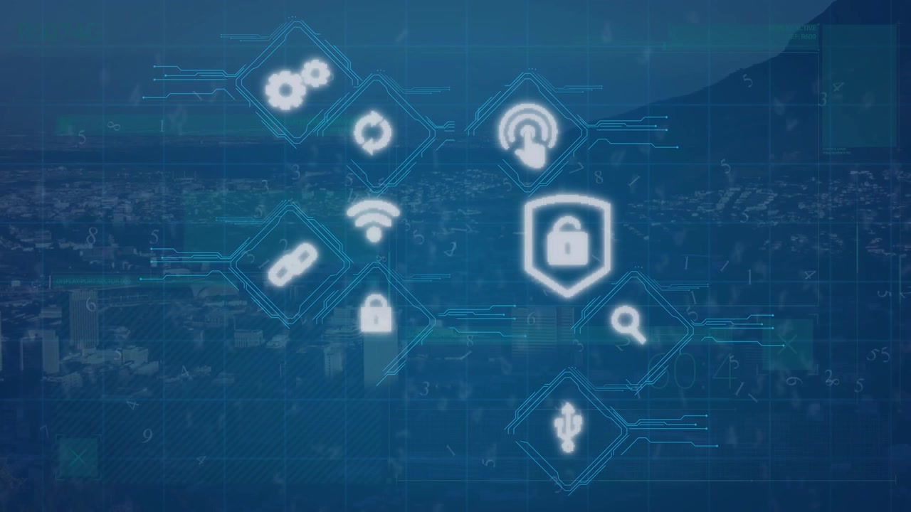 Digital cybersikkerhedsgrænseflade med udsigt over et bybillede