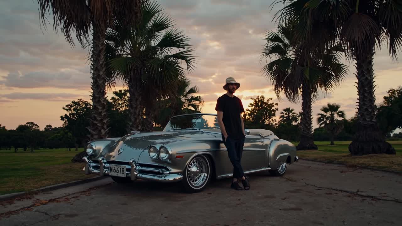 Stylish man in a bucket hat is leaning against a classic silver convertible car parked on a paved road lined with palm trees, enjoying the tranquil atmosphere of a beautiful sunset