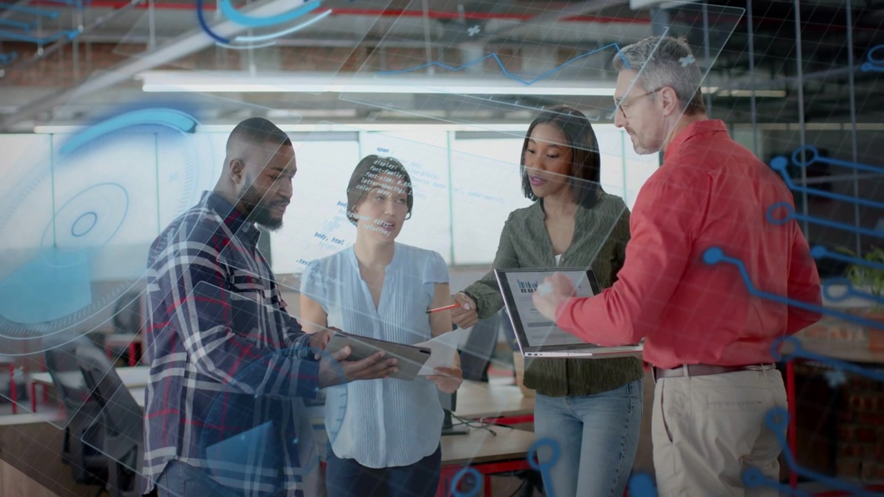 Project team through glass with blue sketches, man presenting tablet initiating business decision