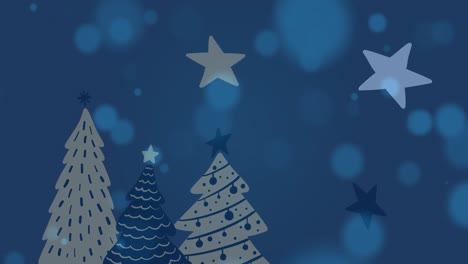 Animation-of-stars-and-christmas-tree-pattern-on-dark-background