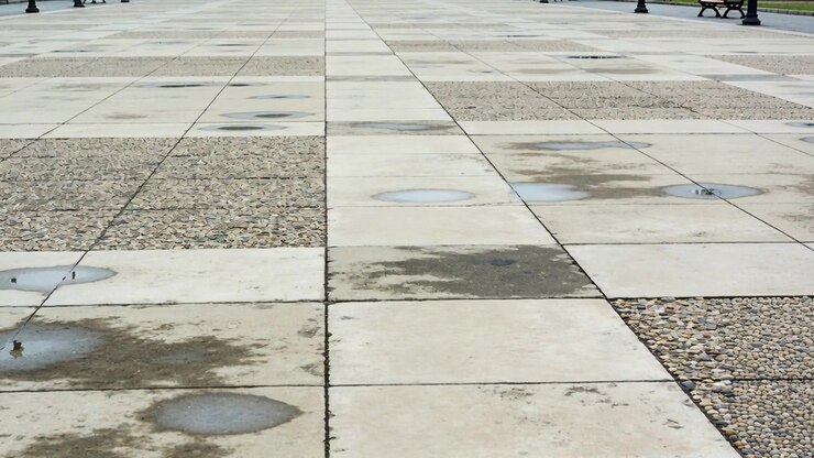 Receiving pulses, ground nozzles sending short splashes along paved promenade, leaving wet rings